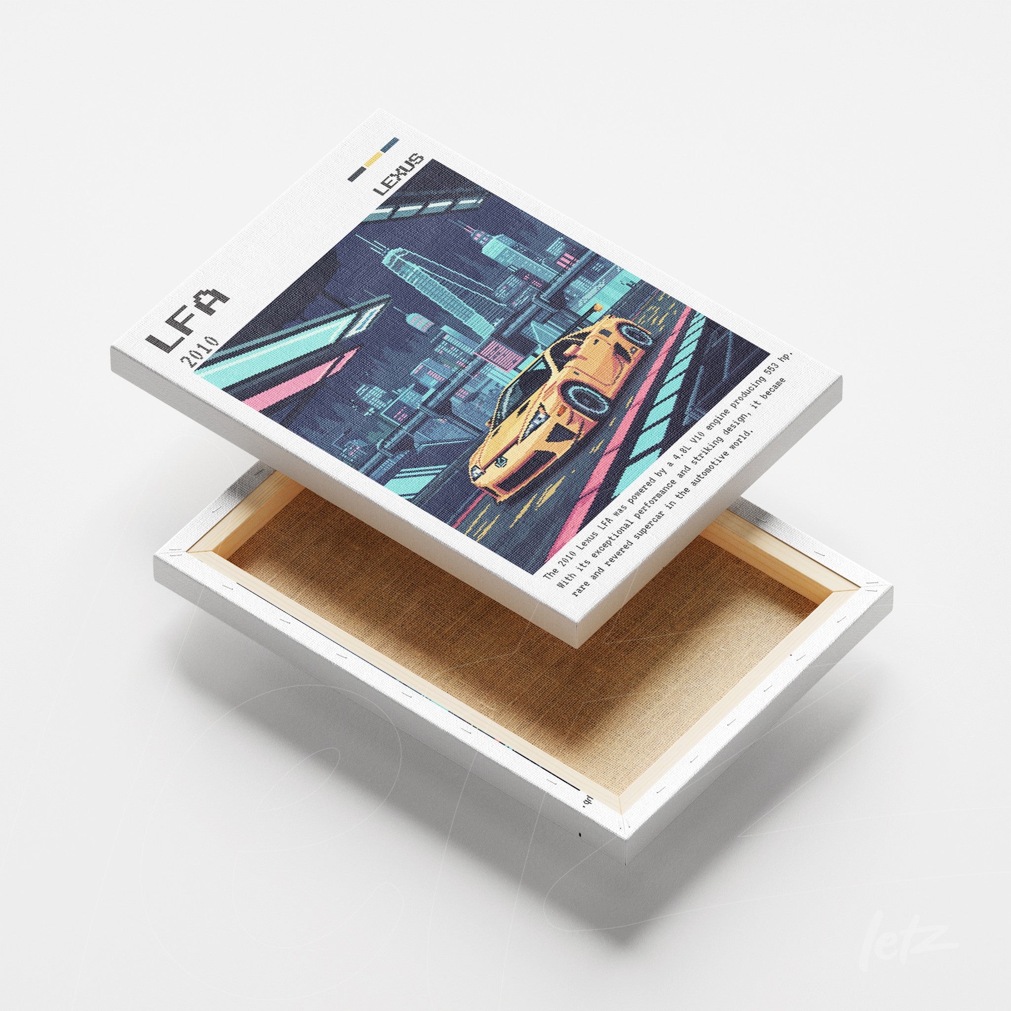 canvas print showcasing an illustration of a yellow sports car in a futuristic city with neon details in the background