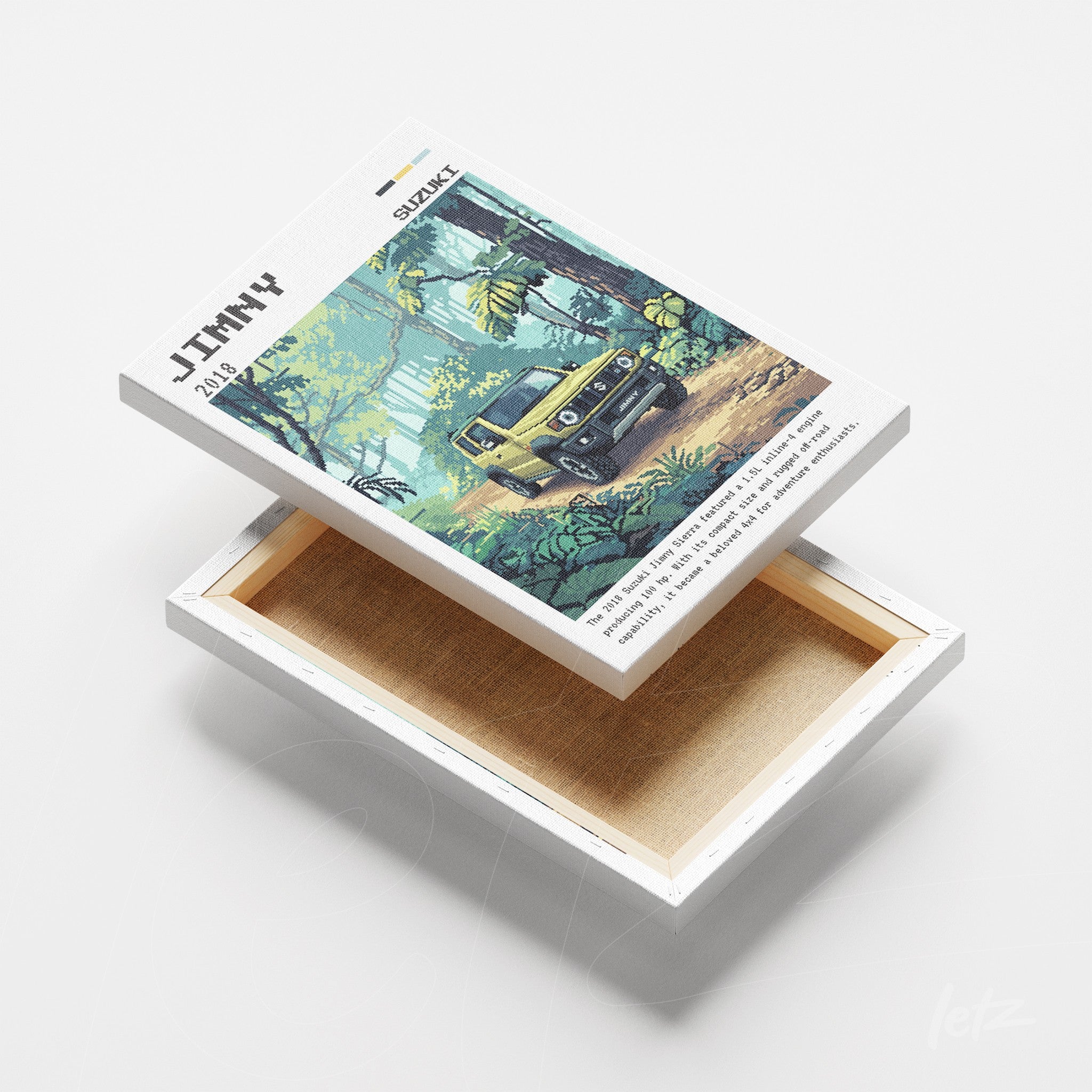 canvas print featuring retro illustration of a Suzuki Jimny car in a tropical forest with white frame