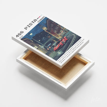 canvas print featuring a vintage illustration of a red sports car on a lit nighttime street with white frame