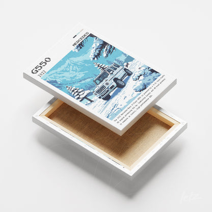 canvas print featuring pixel art illustration of a Mercedes-Benz car in a snowy mountain landscape