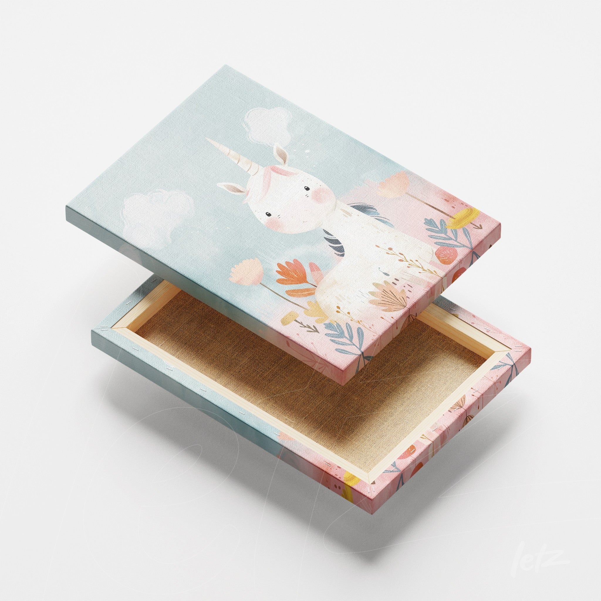 decorative box featuring a whimsical unicorn illustration on a light blue background with floral details
