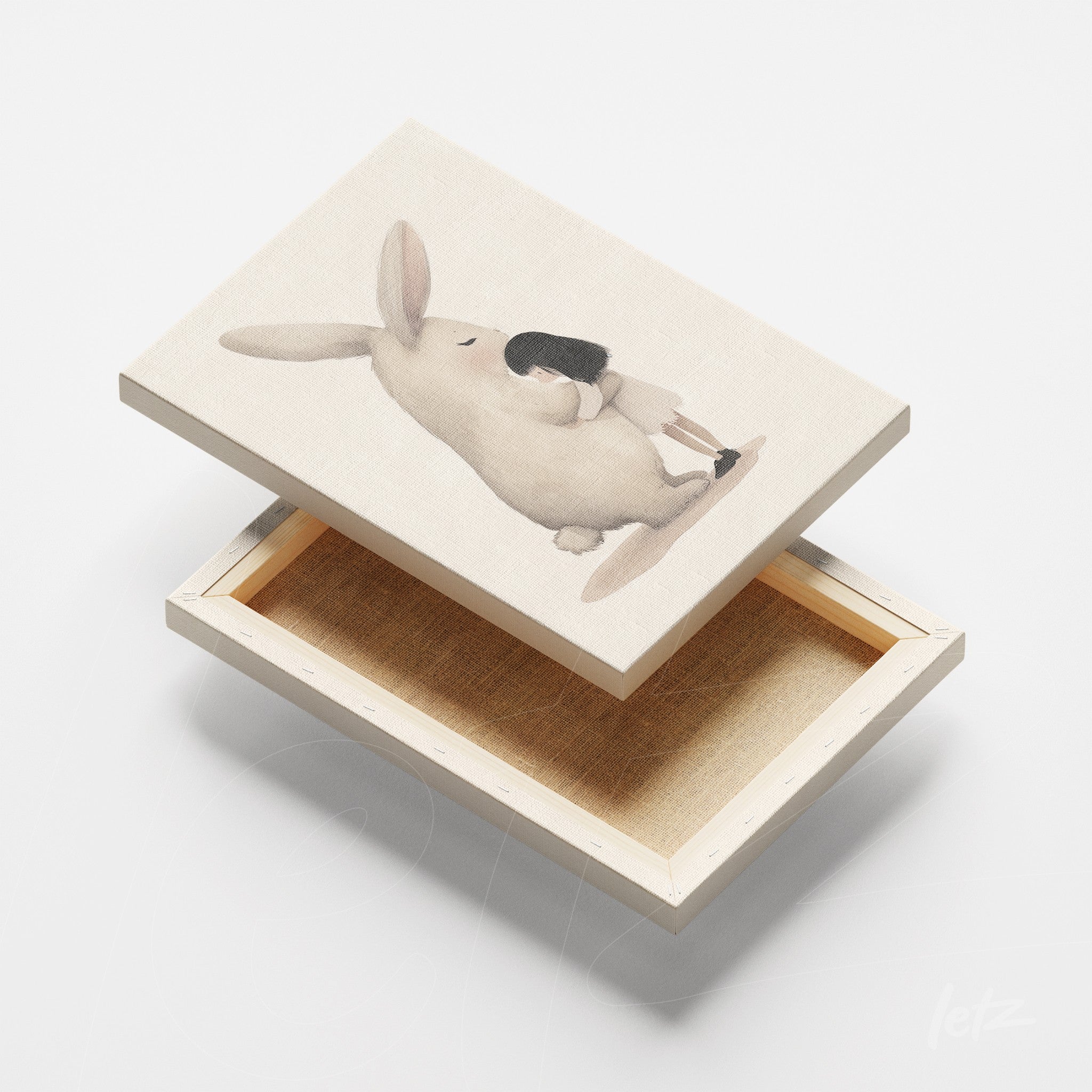 canvas print featuring an illustration of a rabbit holding a cup on a light background