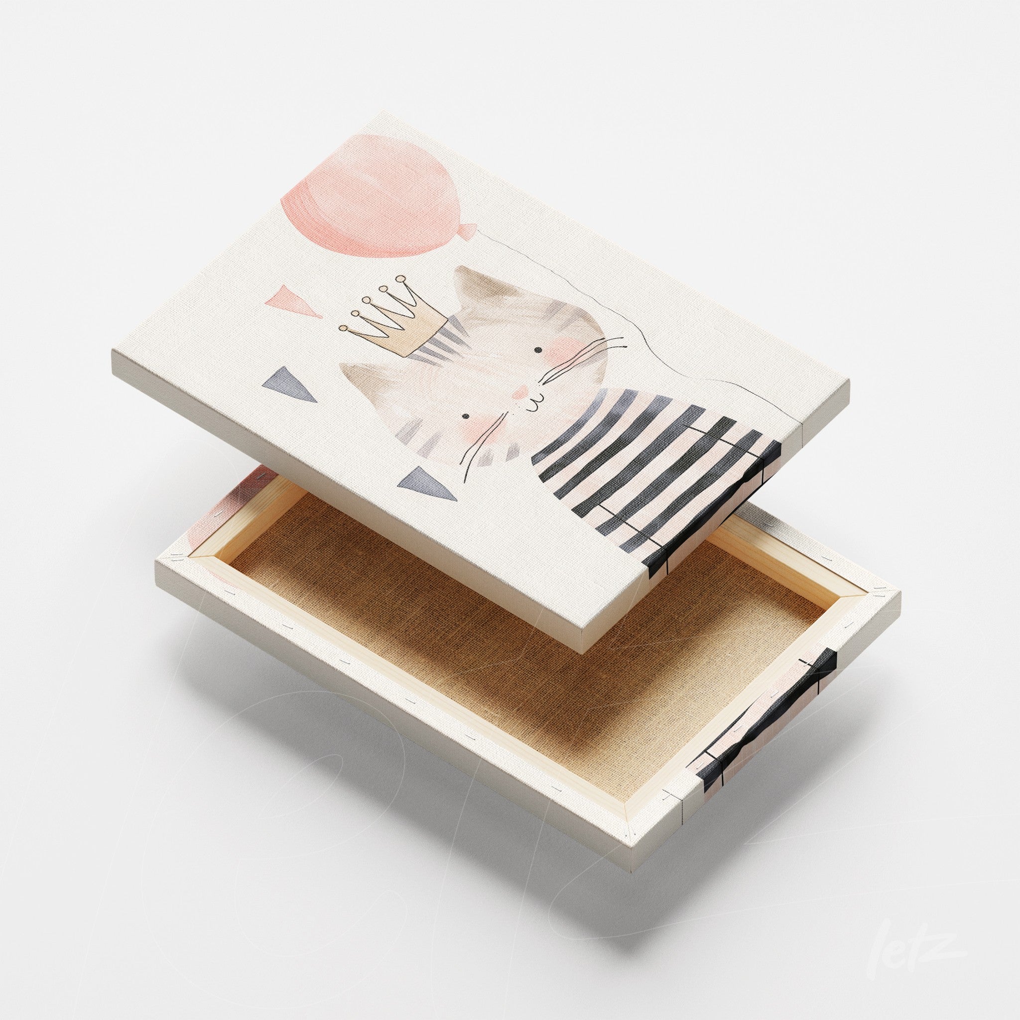 canvas print featuring a smiling cat illustration wearing a crown and striped shirt with colorful balloons and triangles in the background