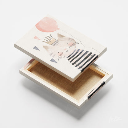 canvas print featuring a smiling cat illustration wearing a crown and striped shirt with colorful balloons and triangles in the background