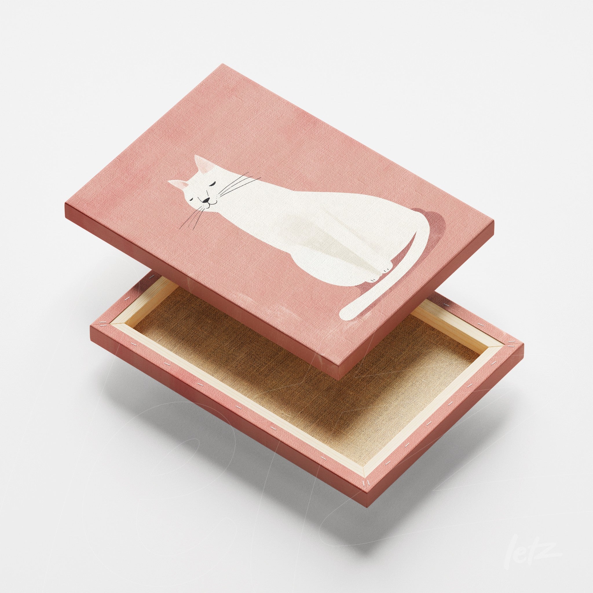 decorative box featuring a minimalist illustration of a white cat on a pink background