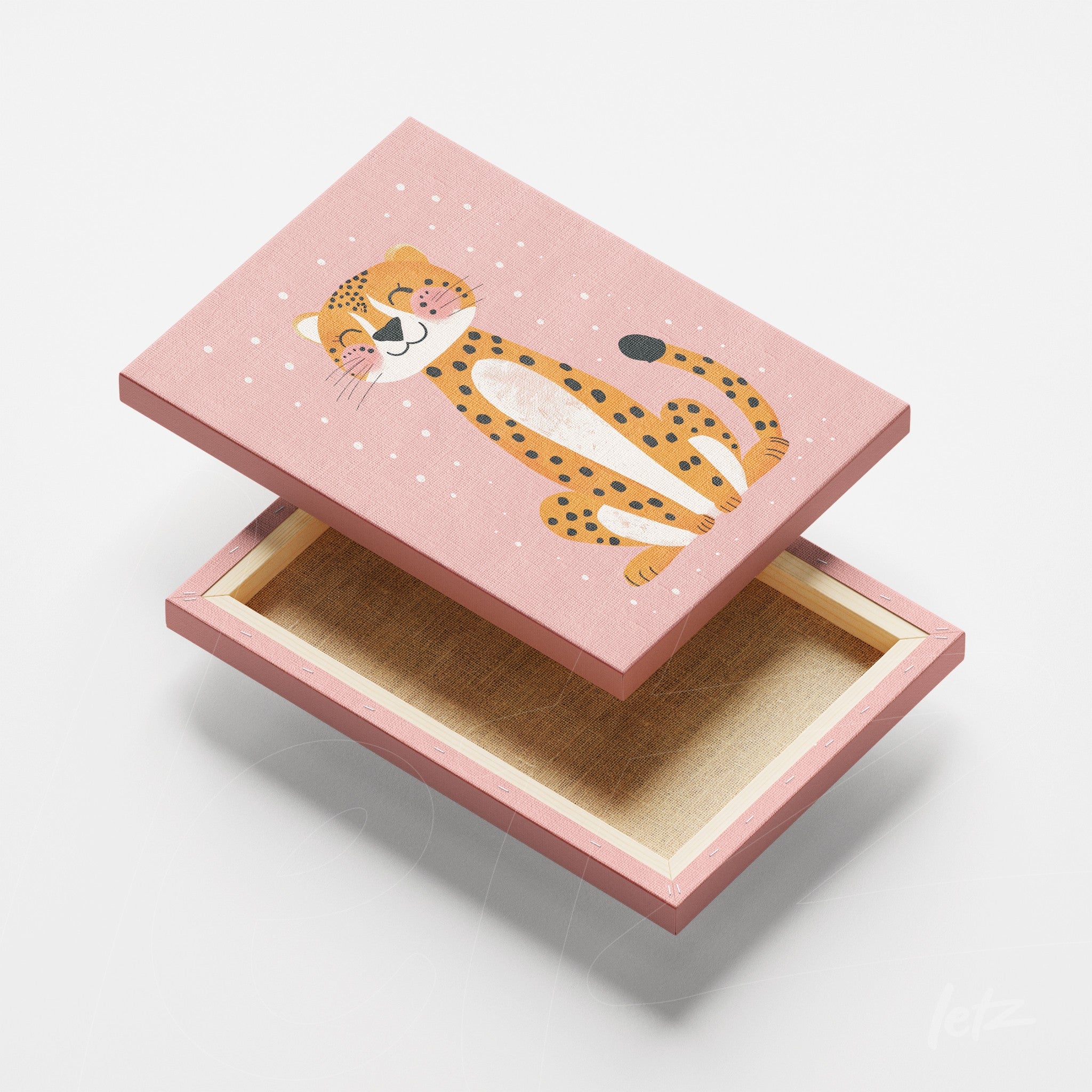decorative box featuring an illustration of a leopard on a light pink background with white polka dots