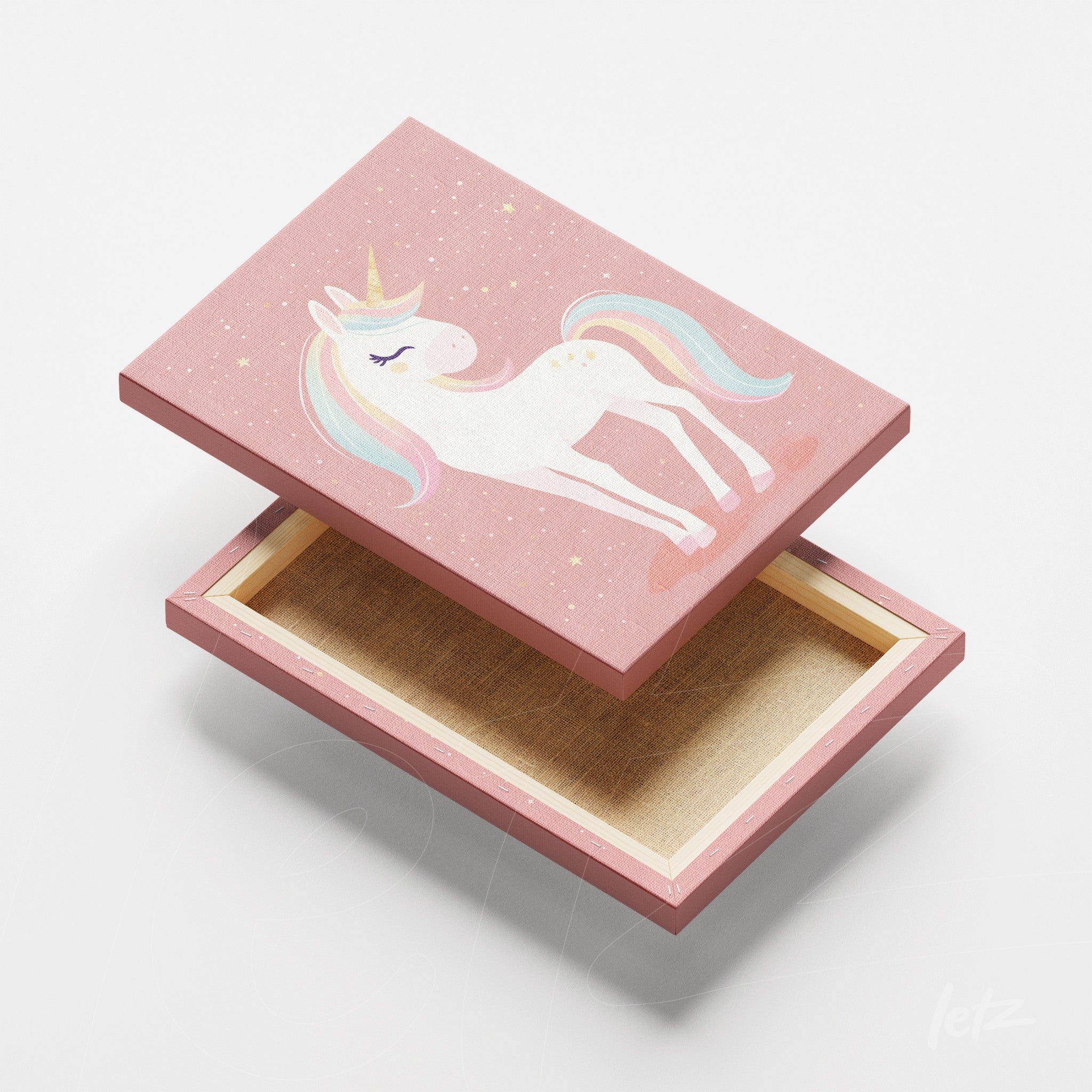 decorative box featuring a unicorn design with a pink sparkling background