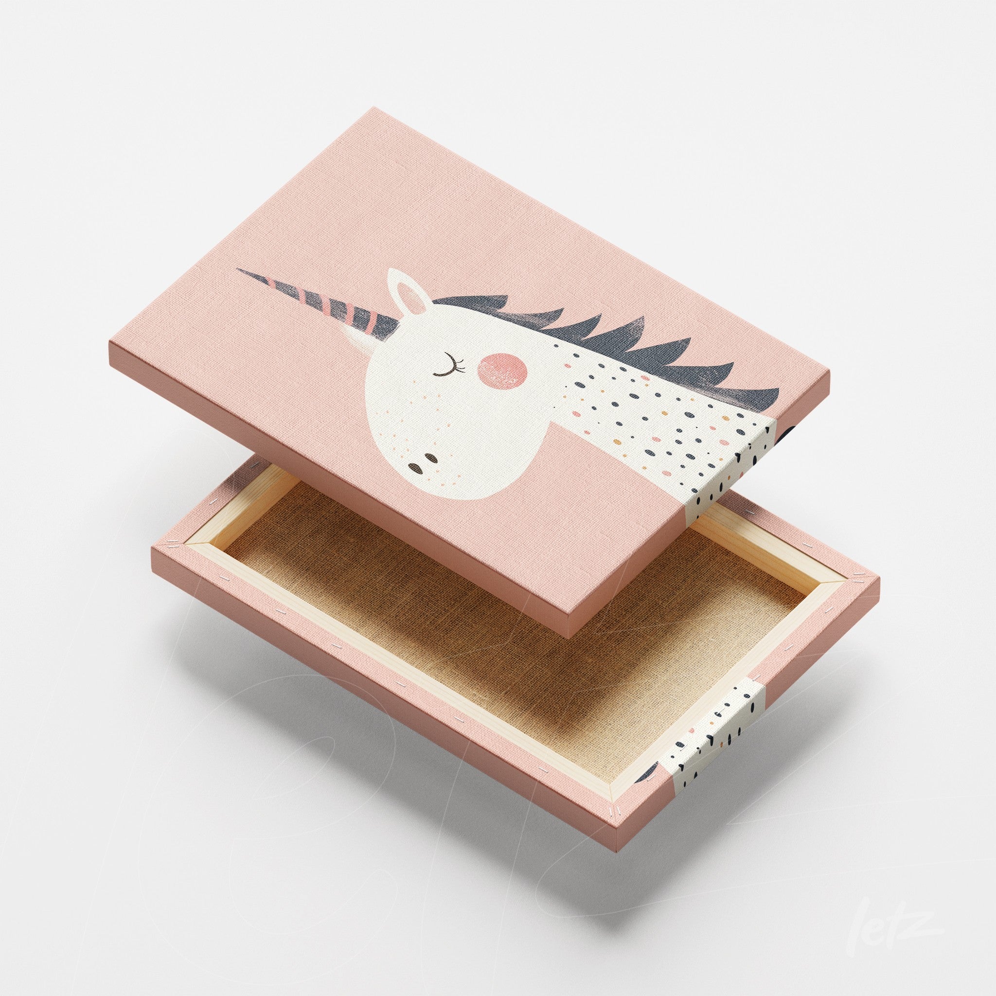 decorative box featuring unicorn design in light pink tones with striped detail on the lid
