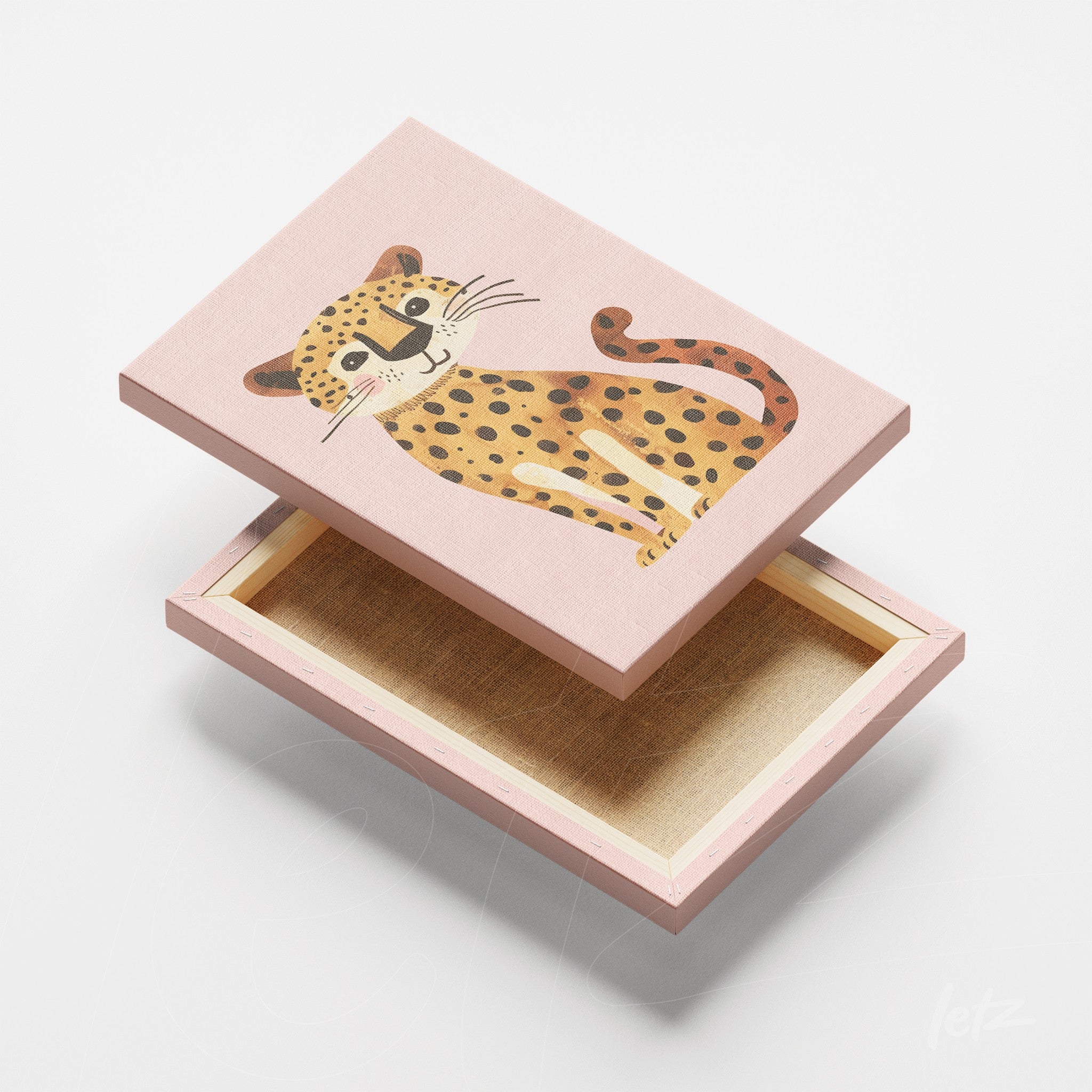 decorative box in pink canvas featuring a smiling leopard illustration