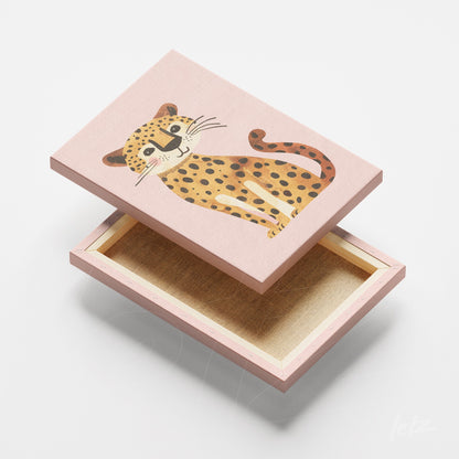 decorative box in pink canvas featuring a smiling leopard illustration