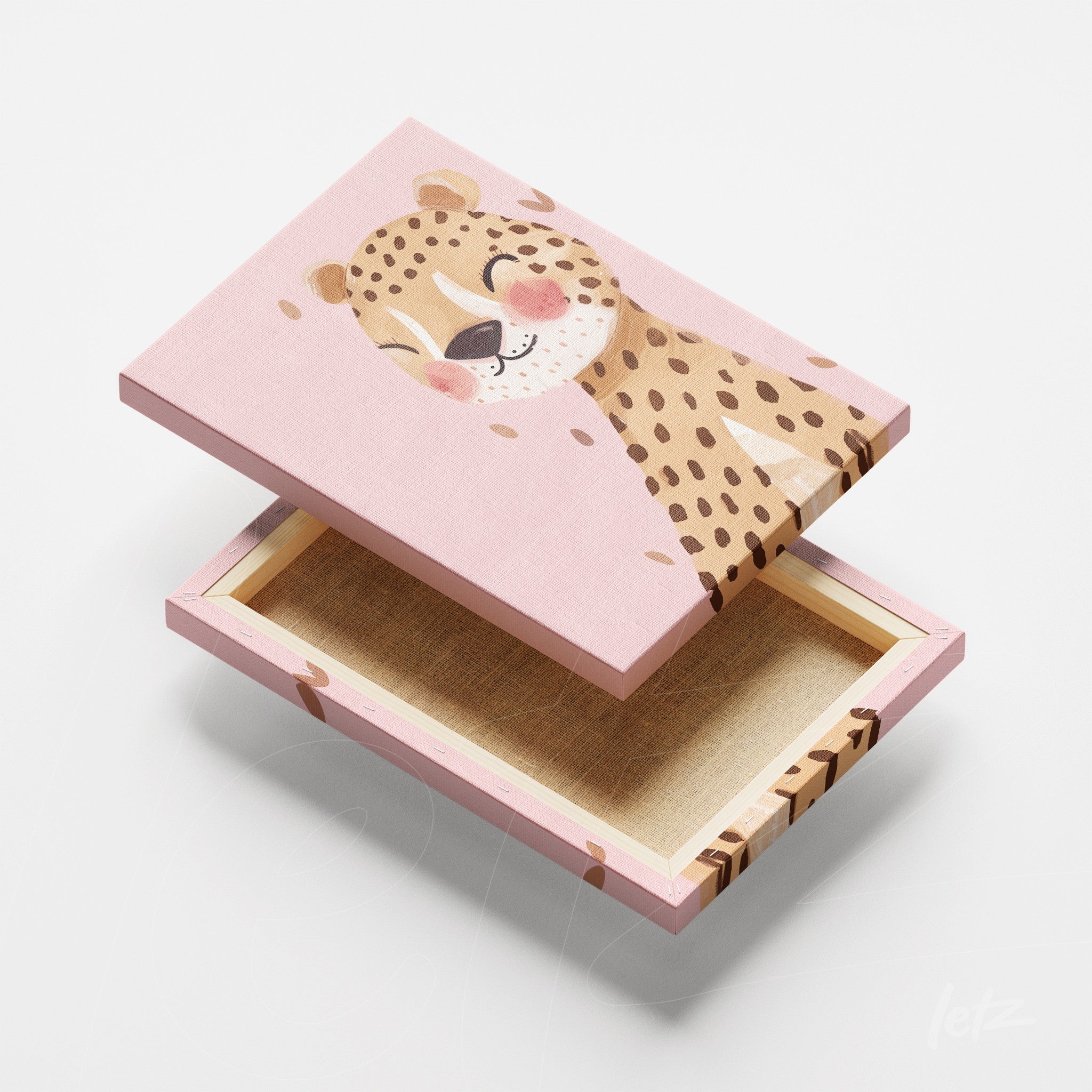 canvas print featuring a smiling lion cub illustration on a pink background