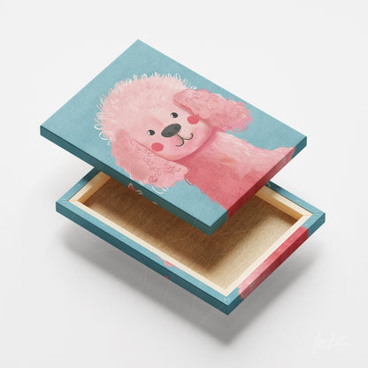 canvas artwork featuring a pink poodle illustration on a blue background