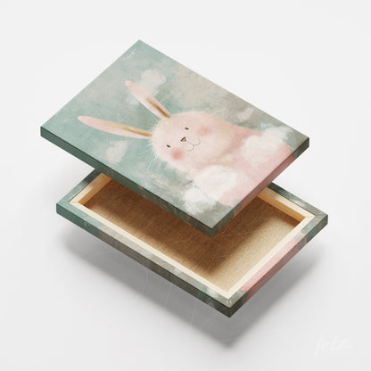 decorative box featuring cute bunny artwork in pastel tones on a soft background