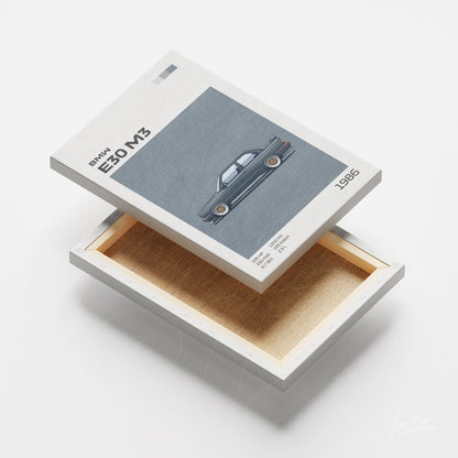 canvas print featuring an illustration of the 1986 BMW E30 M3 with a gray background and white frame
