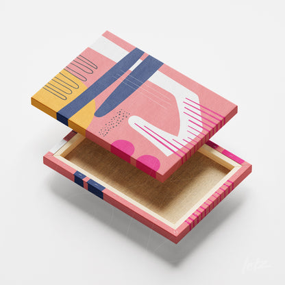 canvas com arte abstrata boho em cores modernas com detalhes em rosa, azul e amarelo