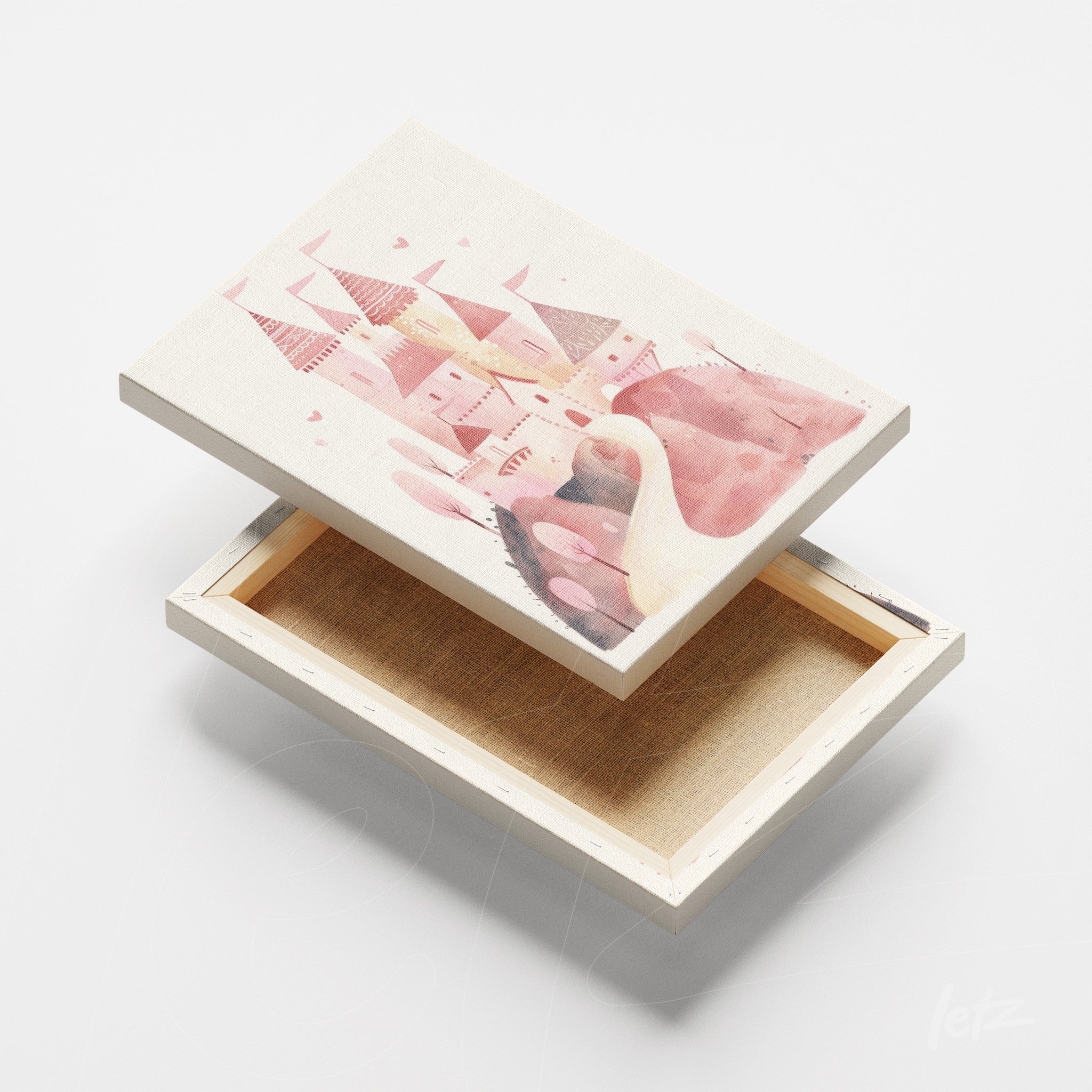 canvas print featuring watercolor art of castles in pink tones on a light background