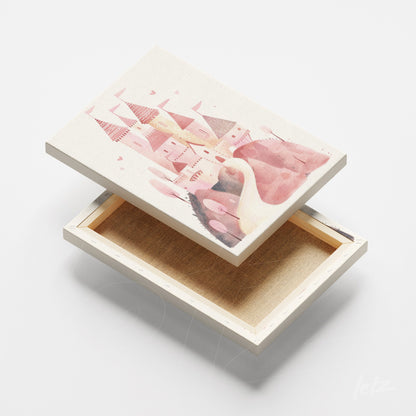 canvas print featuring watercolor art of castles in pink tones on a light background