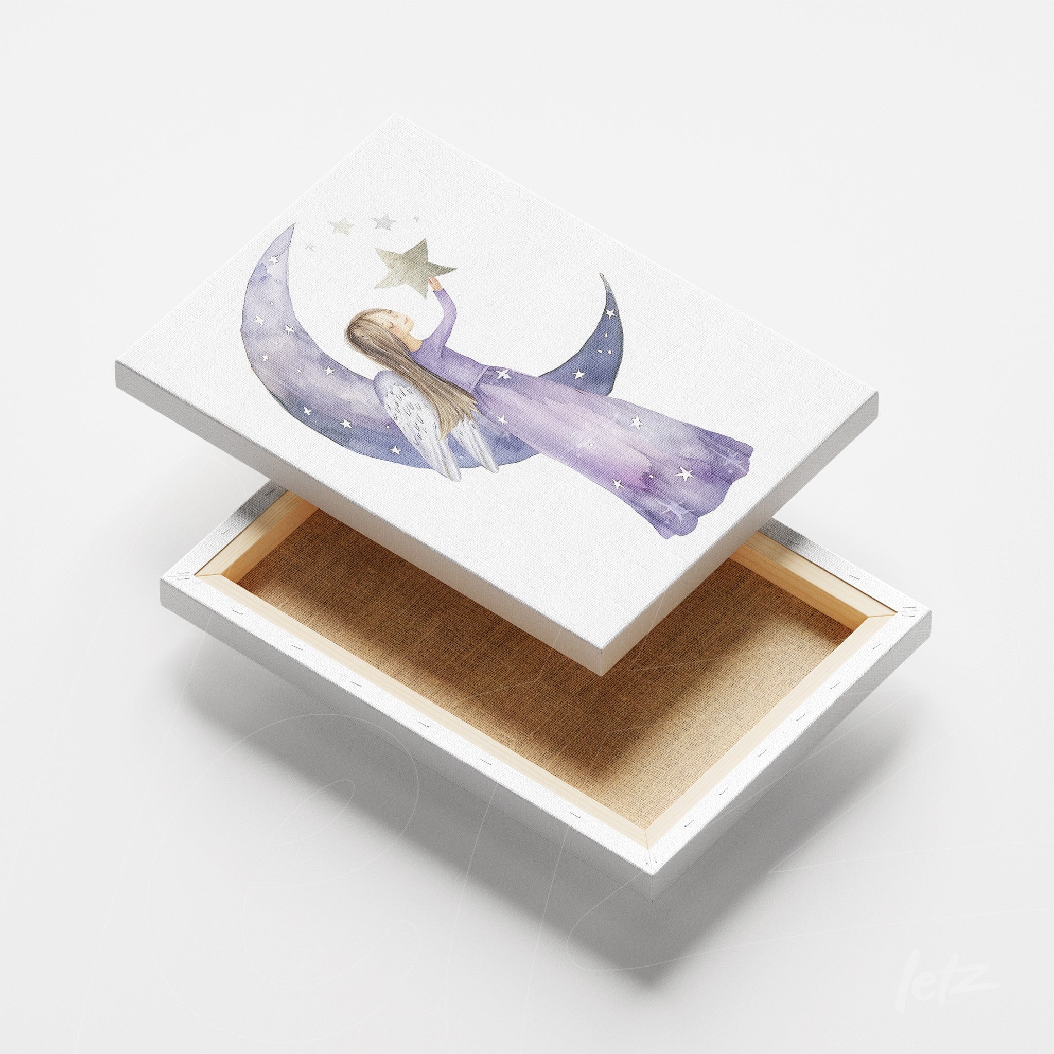 canvas art featuring a fairy holding a star under the moon with a lilac background