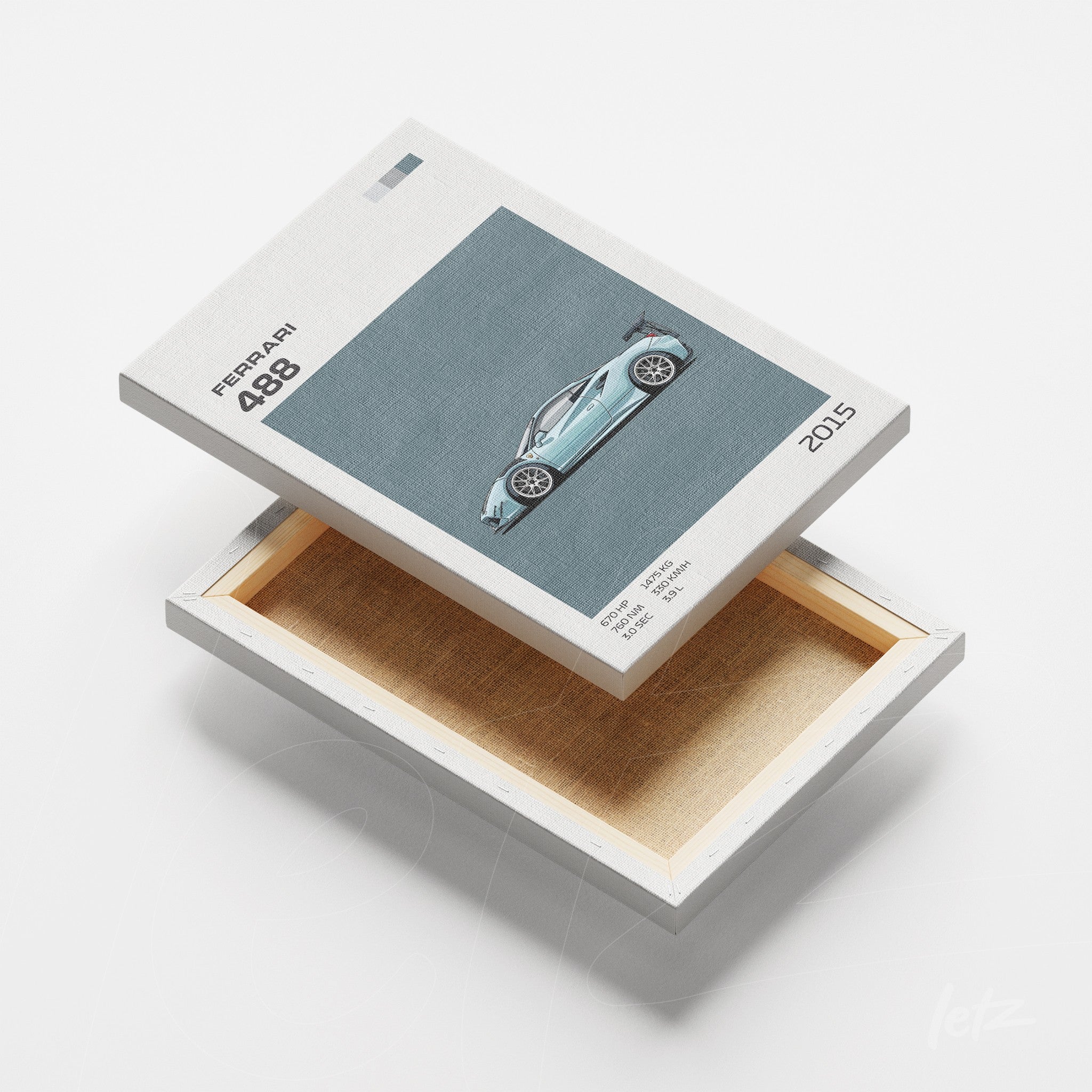 canvas art featuring a blue sports car with modern details and solid background