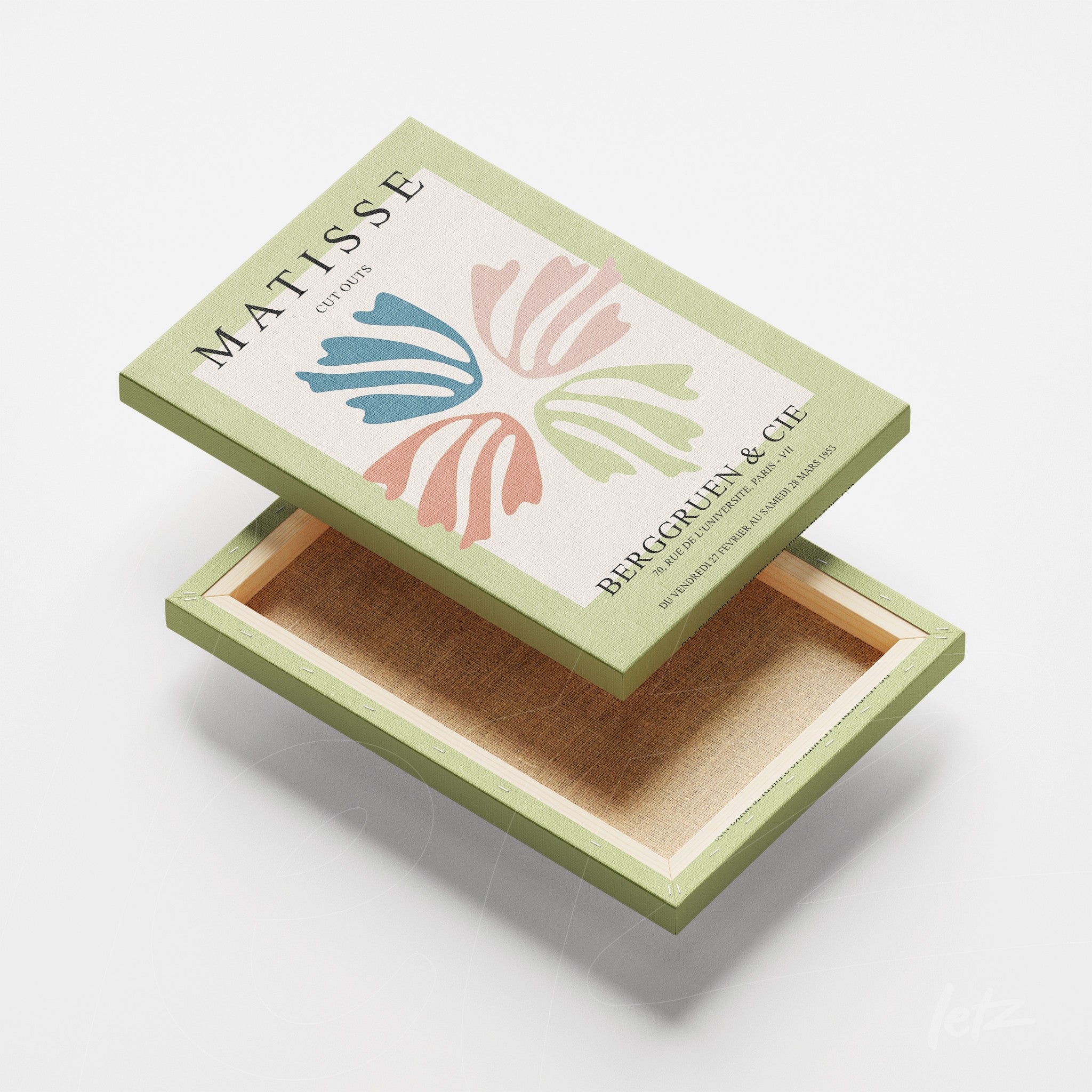 decorative box with illustrated lid in modern style showcasing colorful pastel shapes and light green frame