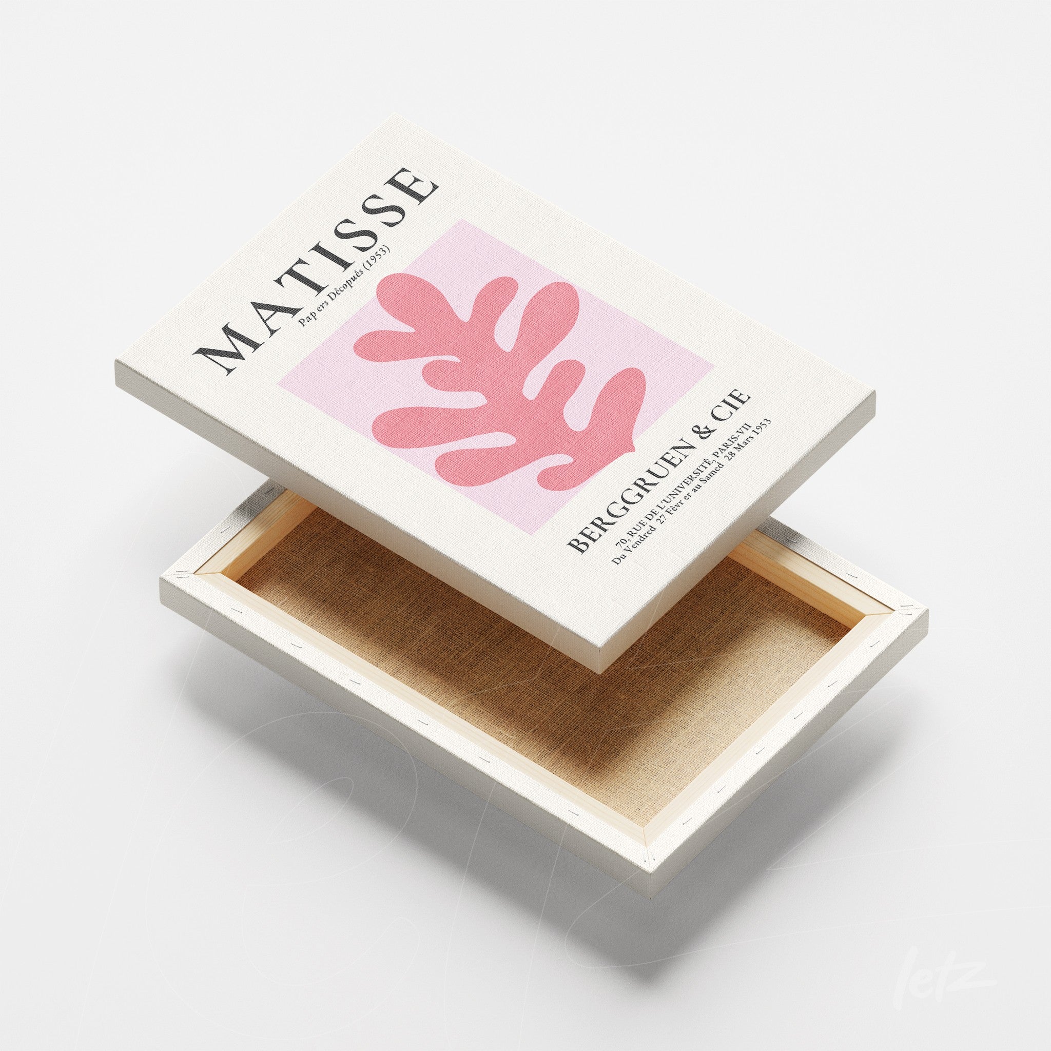 canvas featuring abstract foliage art in pink tones on light background, white frame