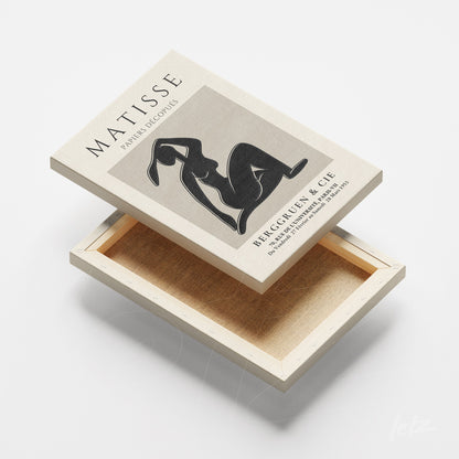 framed wall art featuring minimalist nude illustration, white frame and light background, open book on Matisse art