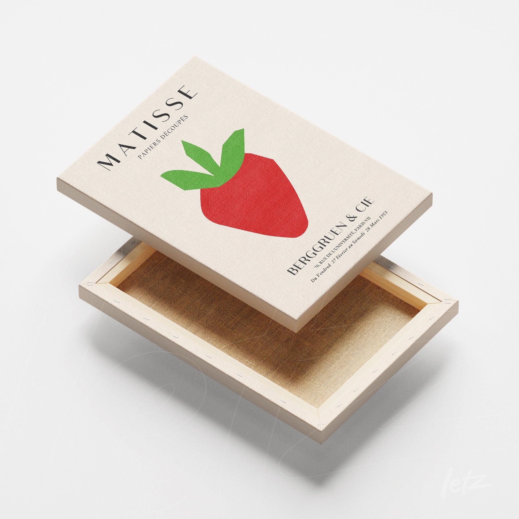 canvas print featuring a stylized strawberry design on a light background with visible wooden frame