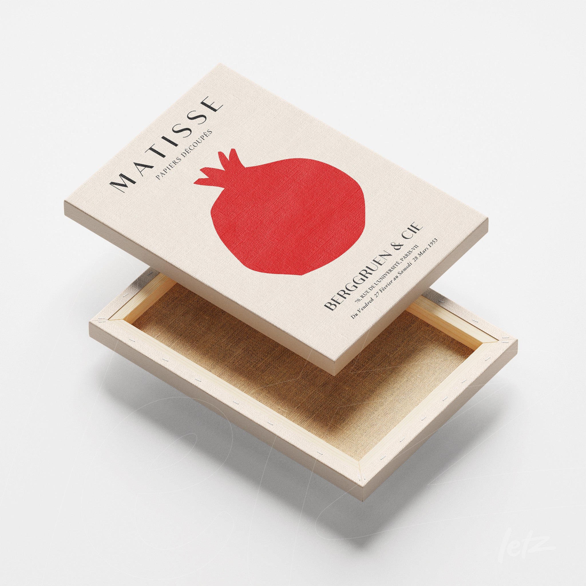 canvas print featuring minimalist pomegranate art with cream background and red details, styled as a Matisse artwork