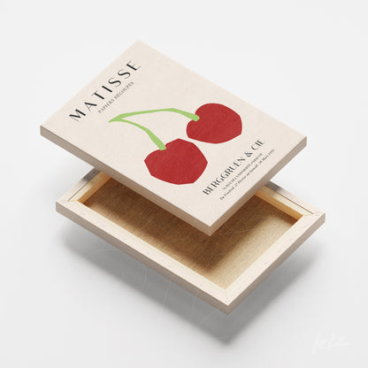 canvas print featuring stylized red cherries on a light background, signed Matisse