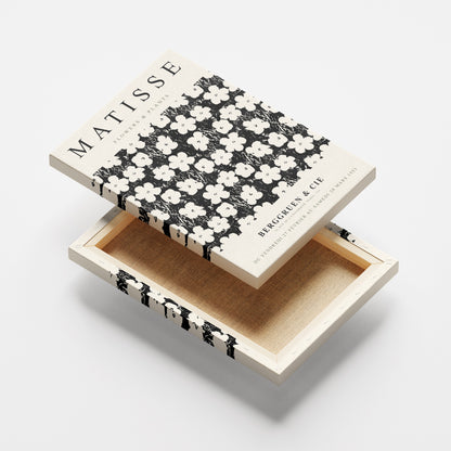 decorative box with black and white floral design inspired by Matisse's artwork