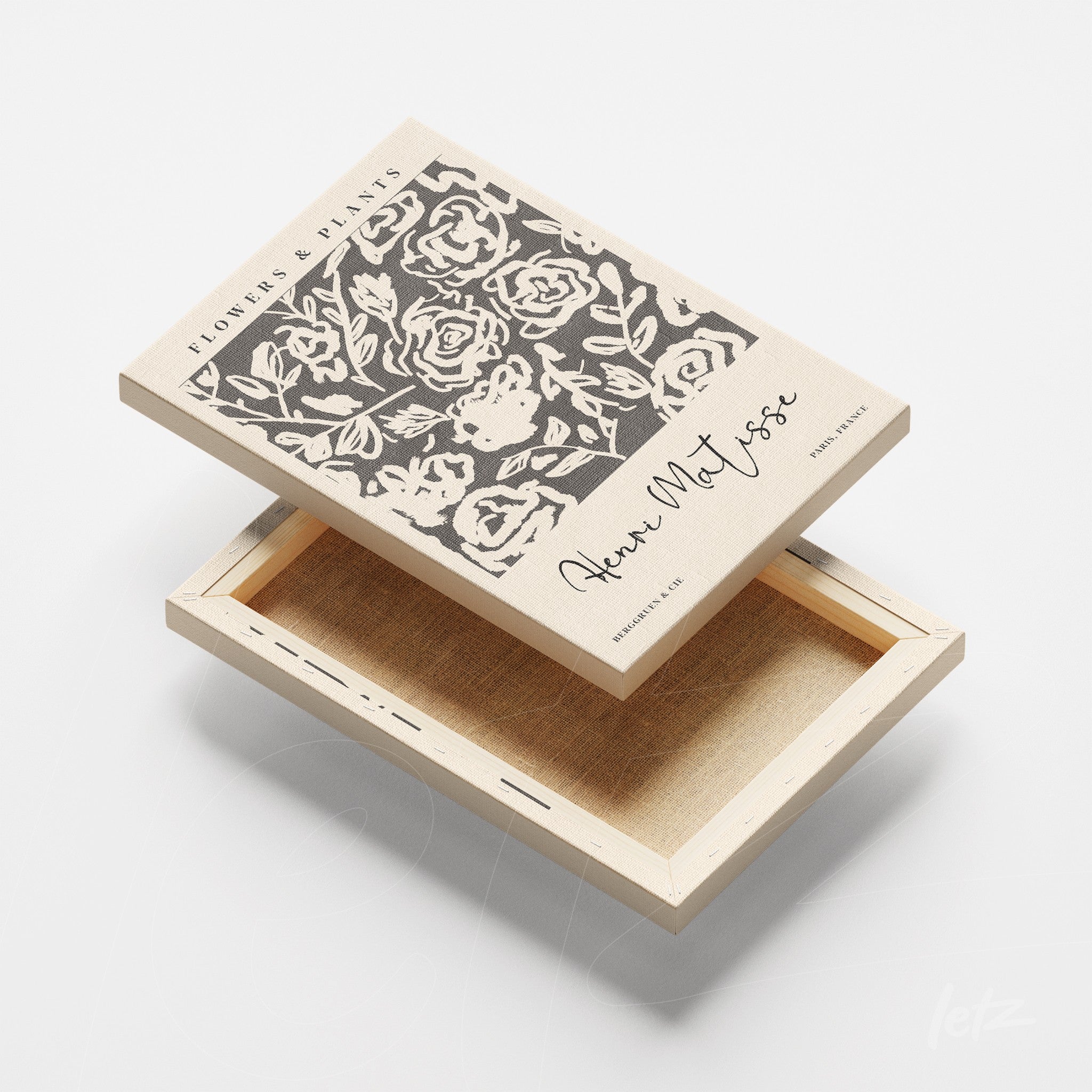 canvas print featuring a black and white floral art illustration with light frame