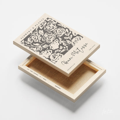 canvas print featuring a black and white floral art illustration with light frame
