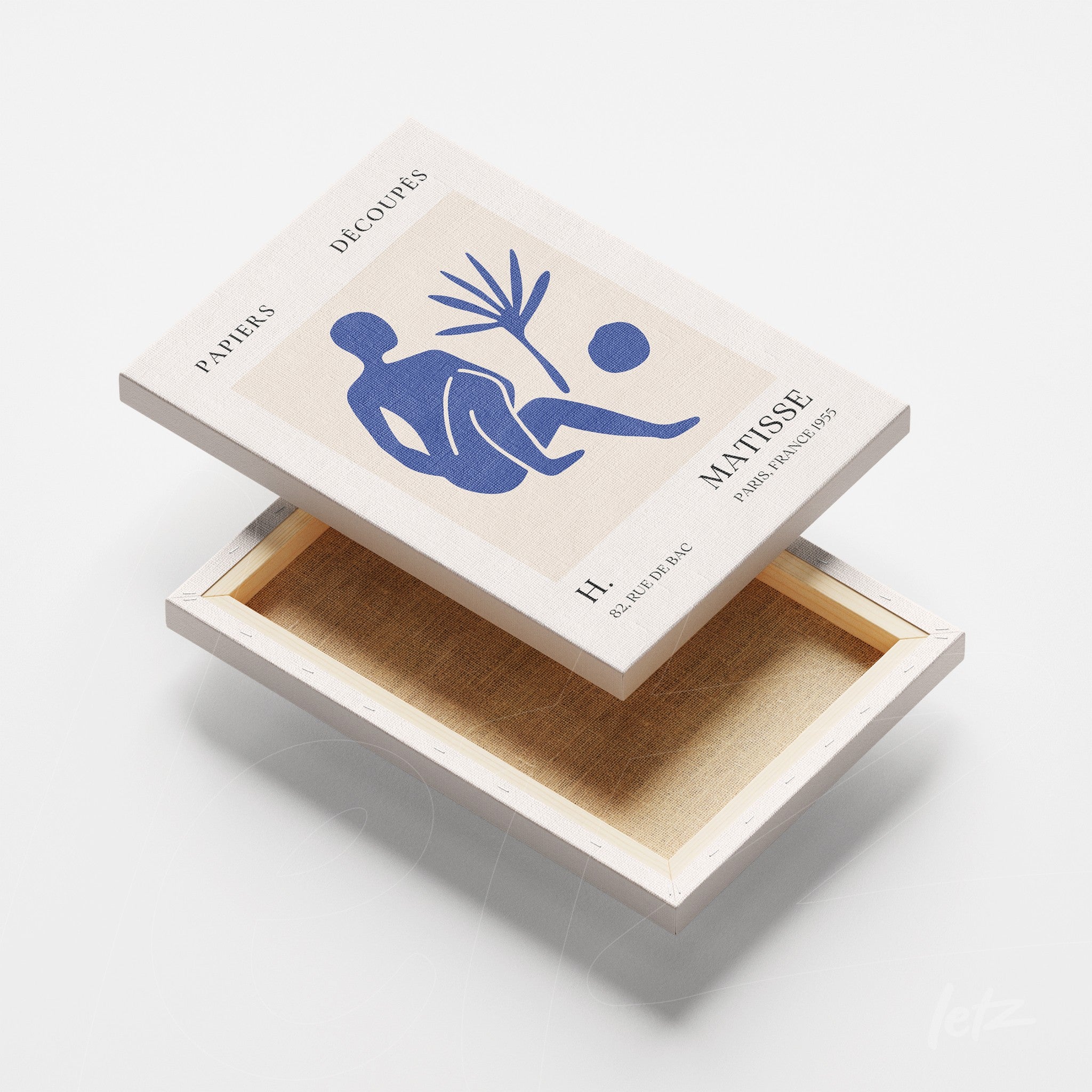 box featuring cut-out art by Matisse on a light background, displaying a stylized silhouette of a figure and a plant