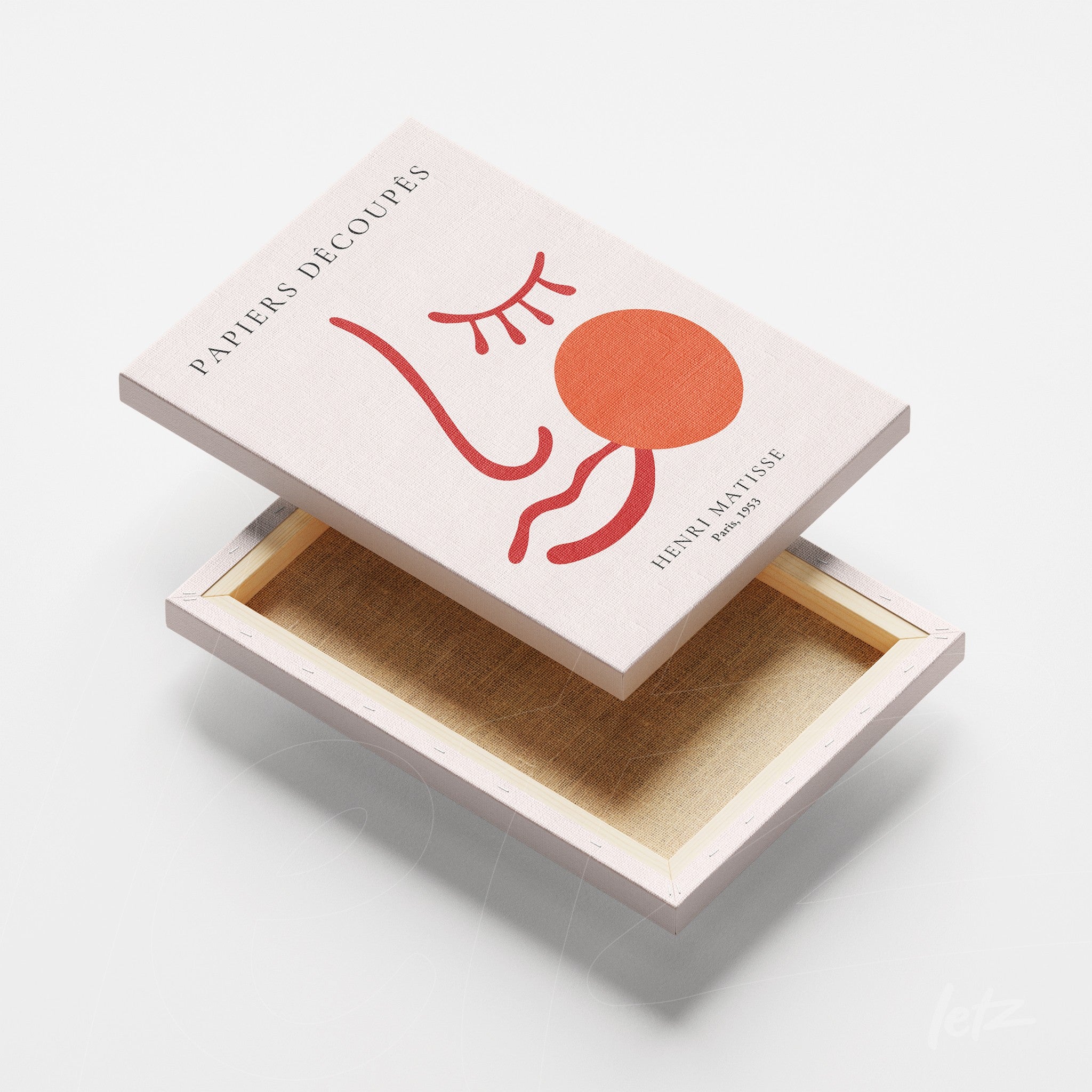 minimalist box featuring abstract art design with stylized red lines and a circular shape against a light background