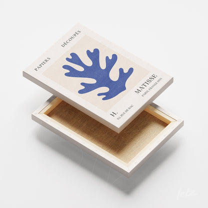 decorative box featuring abstract blue coral art on a light background with text details