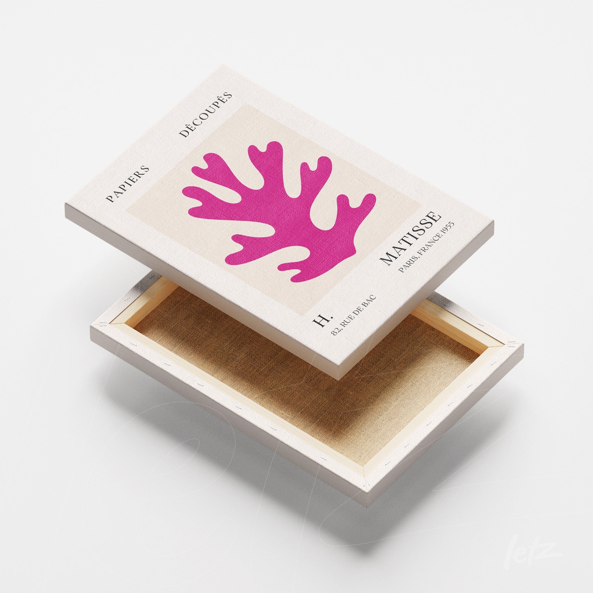 canvas box featuring cut-out art in the shape of a pink coral on a light background with modern typography