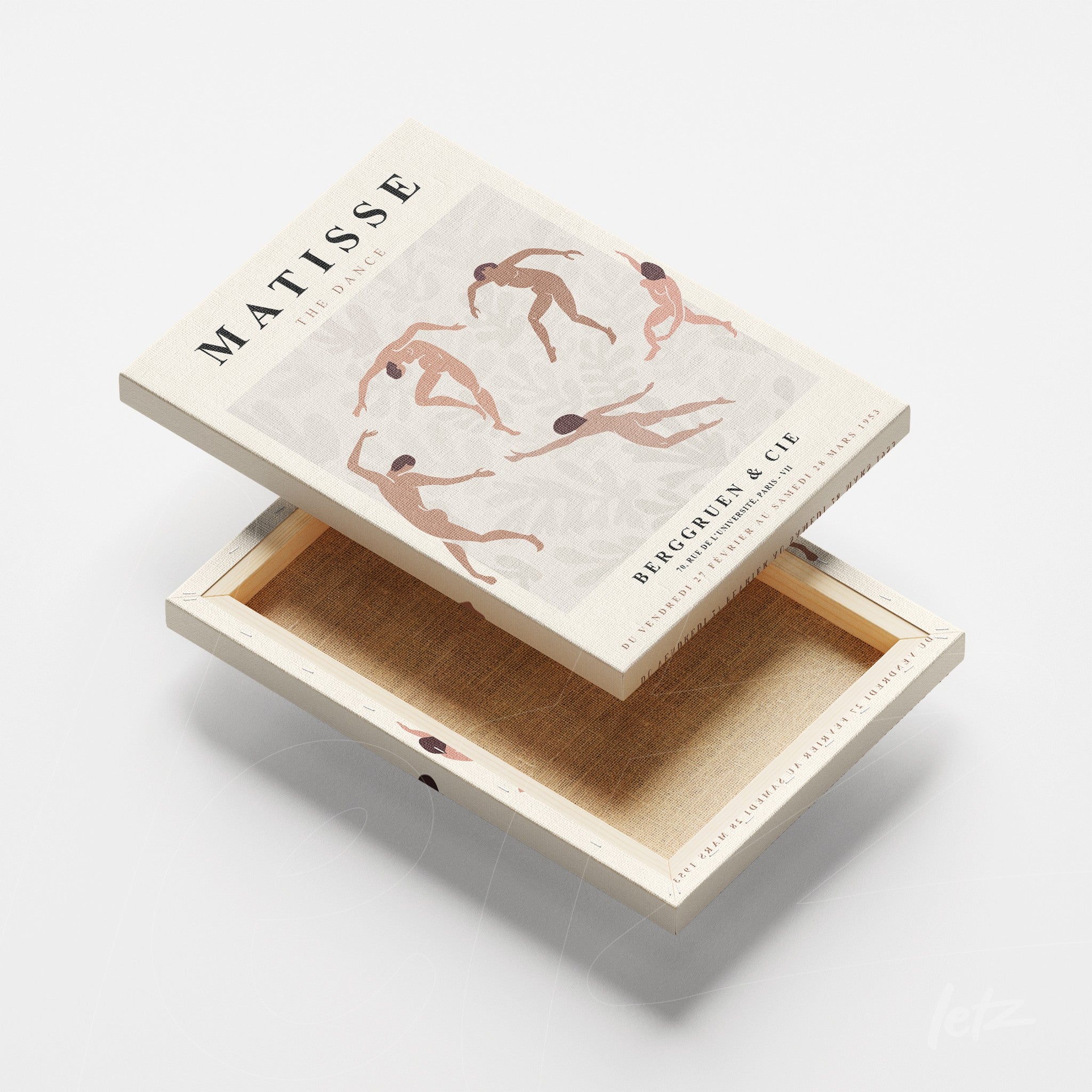 canvas art featuring an artistic nude design in soft tones inspired by Matisse shown opened in a light frame