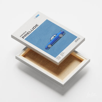 canvas print featuring digital art of 2001 Honda Prelude, with a blue background and light frame