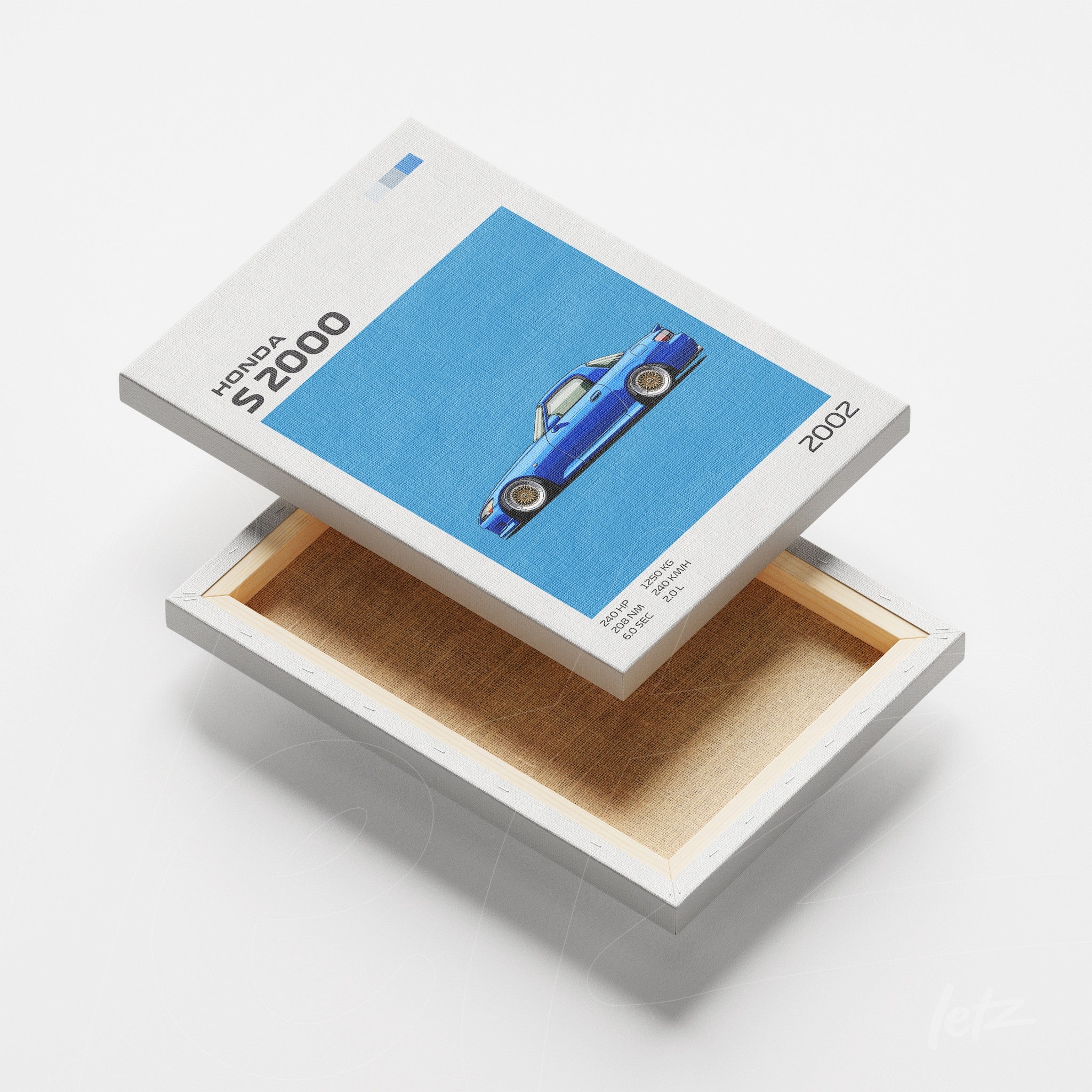 canvas print featuring illustration of Honda S2000 car on blue background with white frame