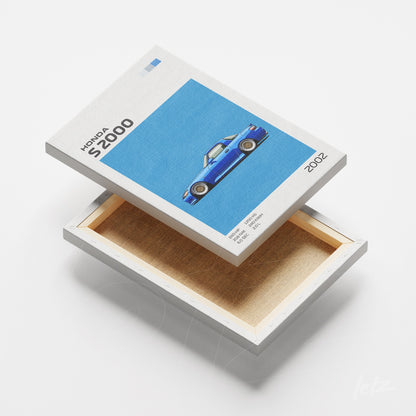 canvas print featuring illustration of Honda S2000 car on blue background with white frame