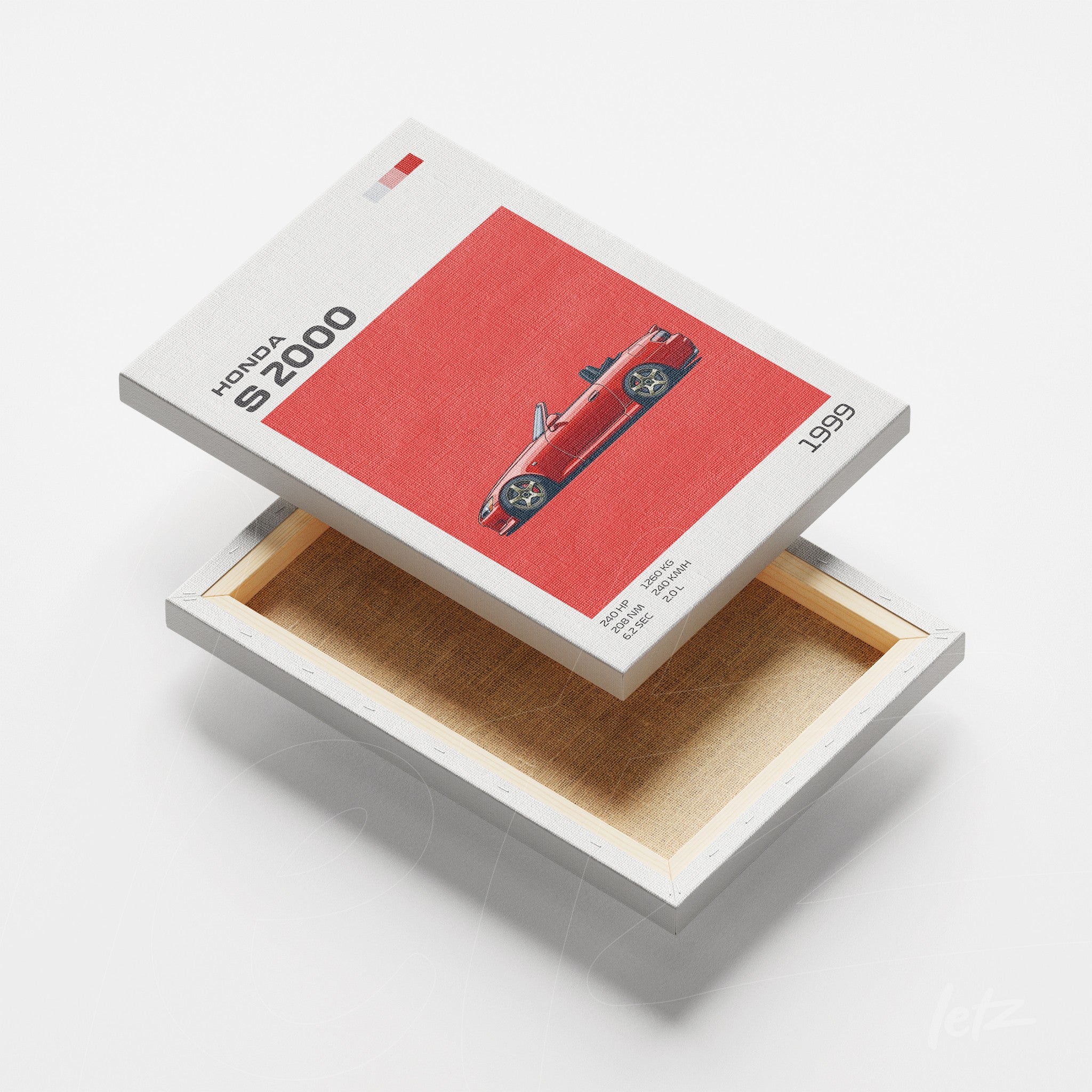 canvas print featuring minimalist design of a red Honda S2000 car from 1959 on a red background