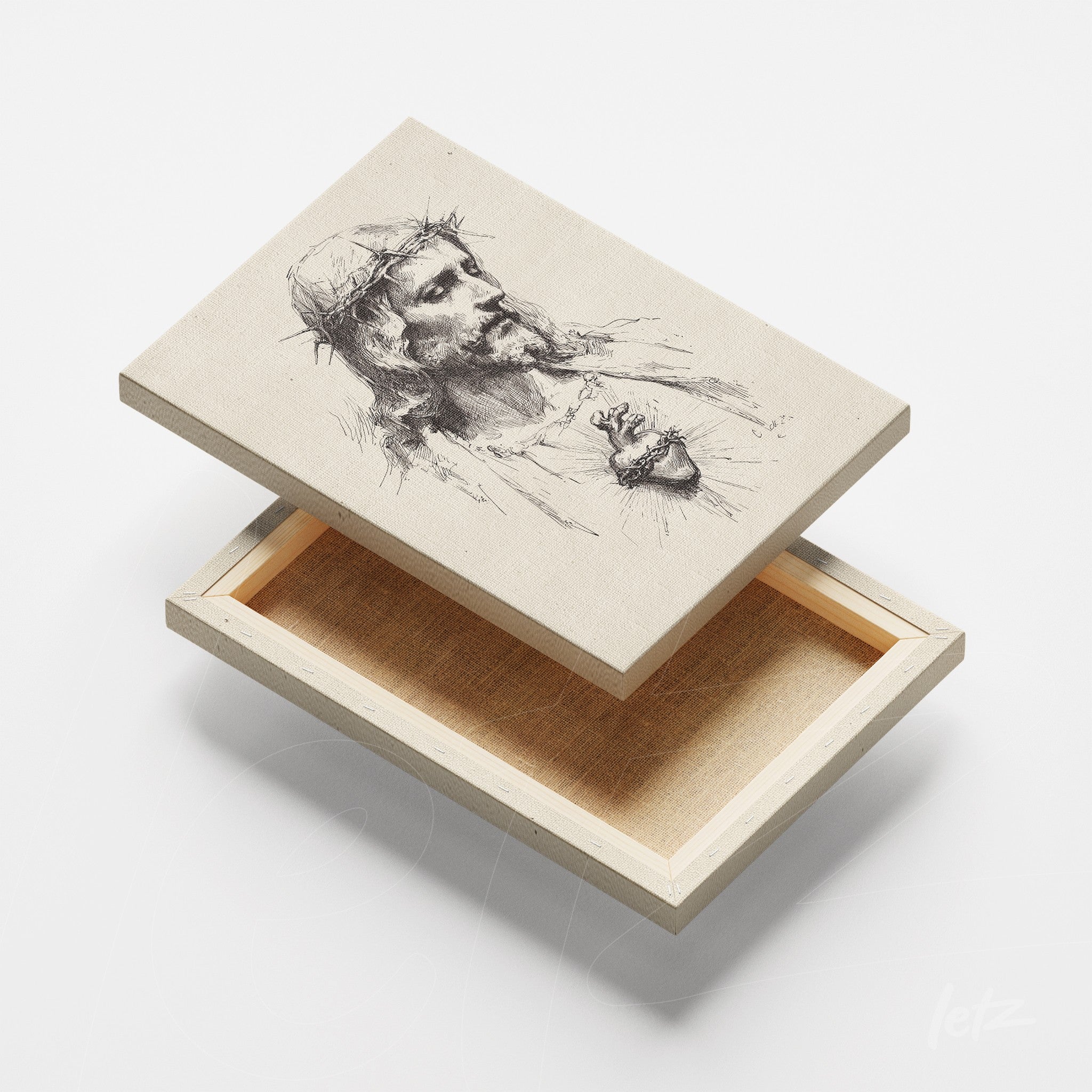 canvas print featuring a black and white sketch of Jesus with a crown of thorns on a light background