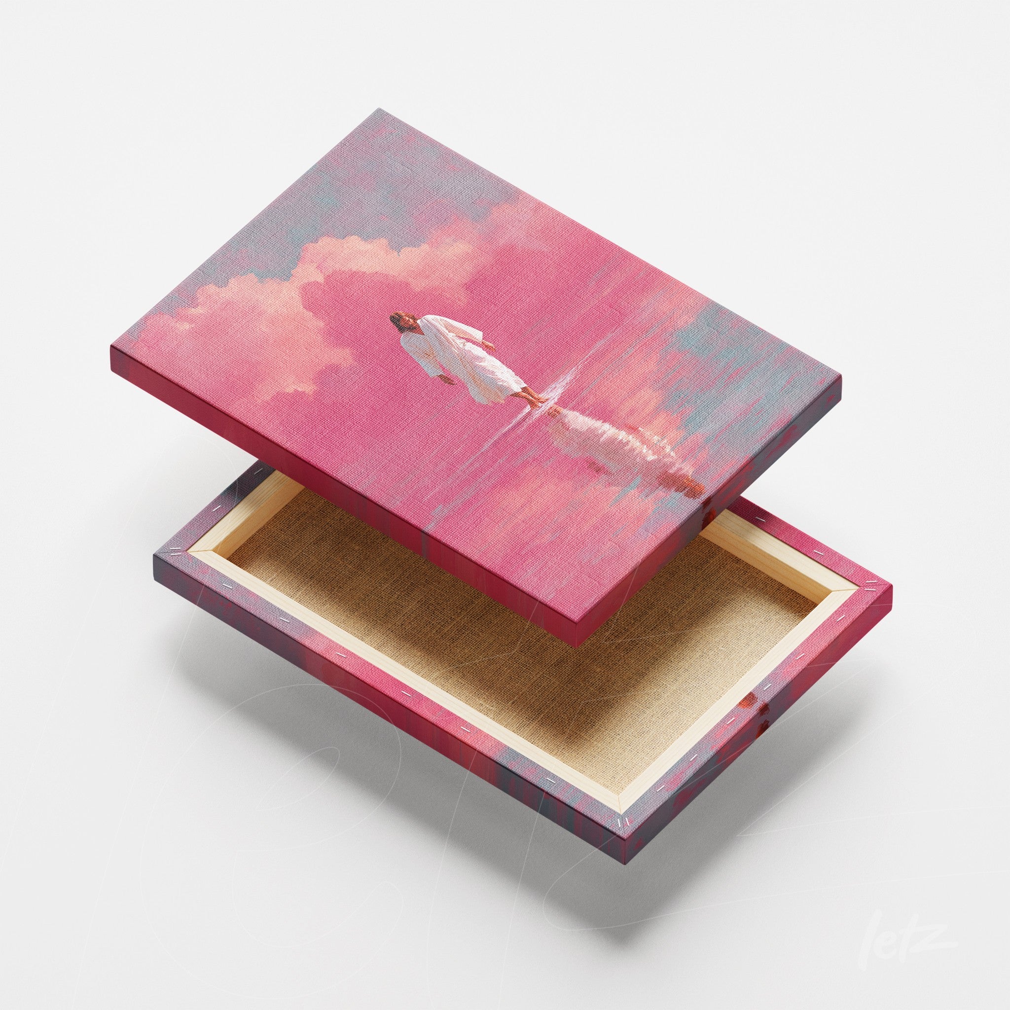 canvas print featuring a solitary figure walking over a pink lake with clouds in the background