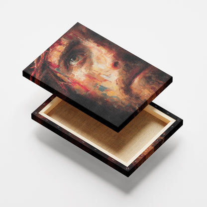 canvas artwork featuring an impressionistic portrait of a man with intense expressions, dark wooden frame