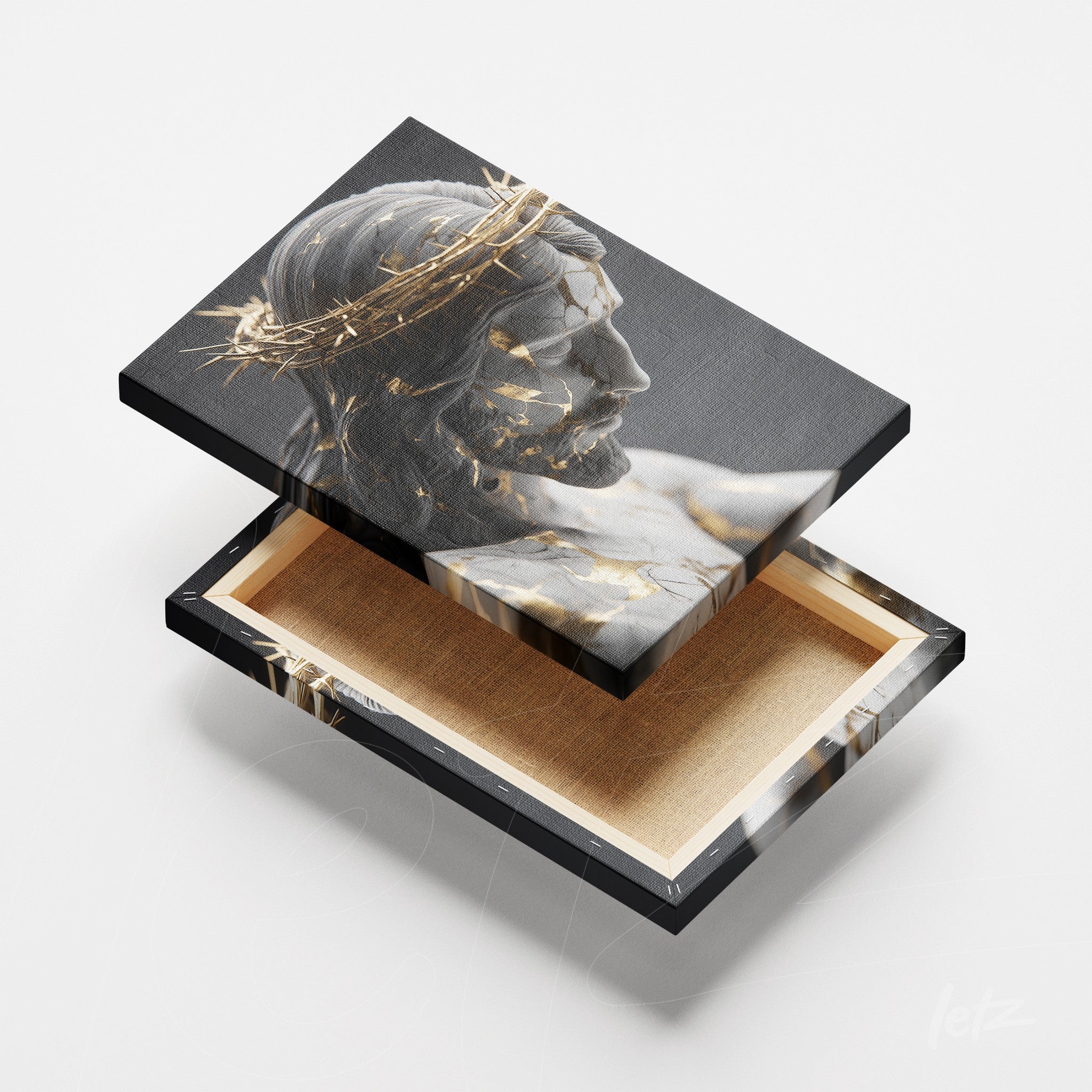 canvas print featuring a sculpture of Christ with a crown of thorns in gray and gold tones with textured details