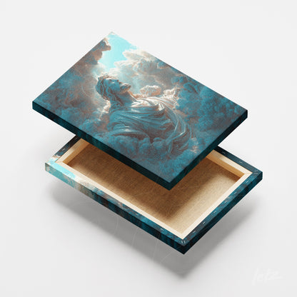 canvas print featuring artistic depiction of clouds and mythical figure in shades of blue and white displayed from the side