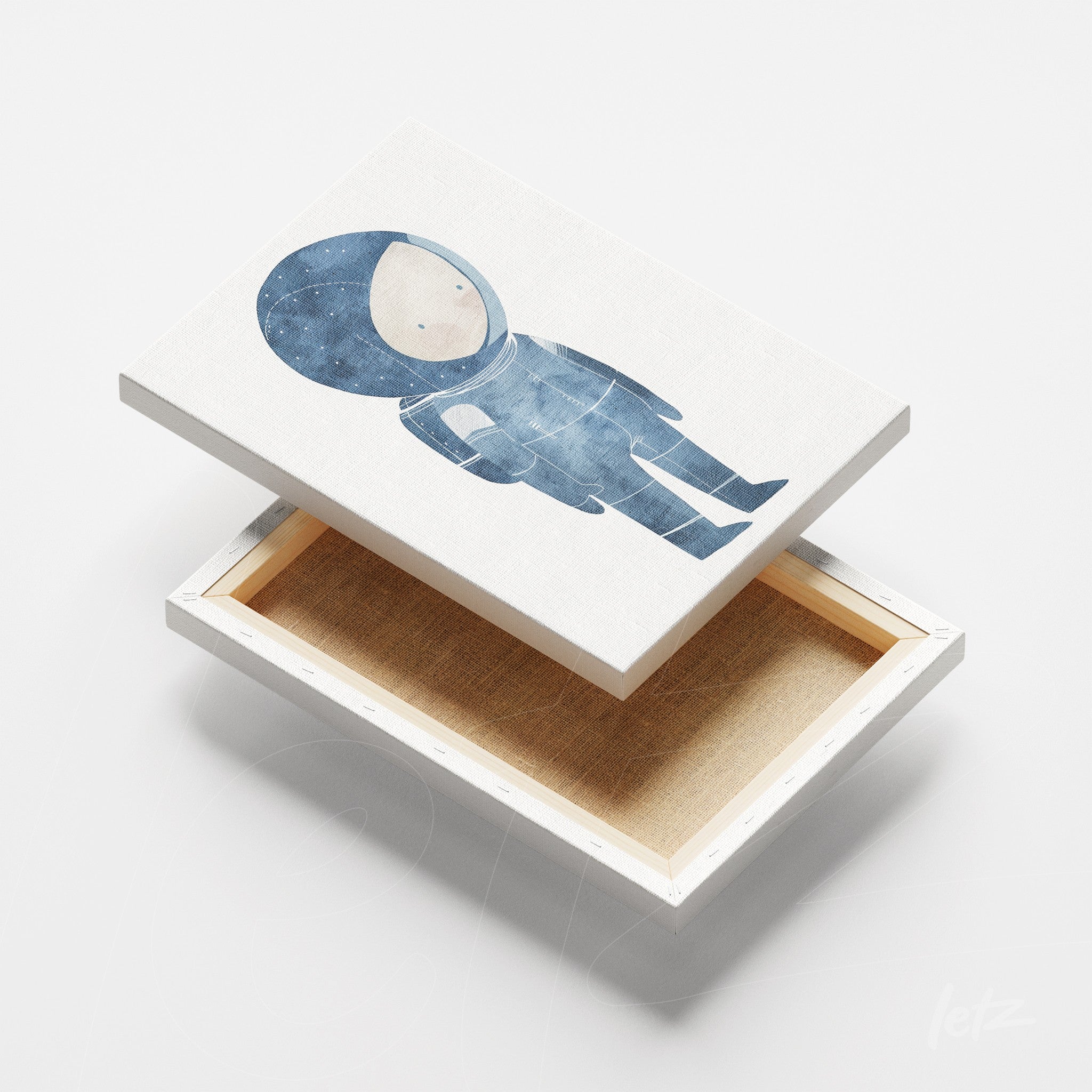 canvas print featuring an illustration of an astronaut in light blue background