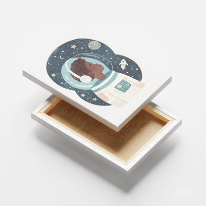canvas print featuring an illustration of an astronaut against a starry background with planet details