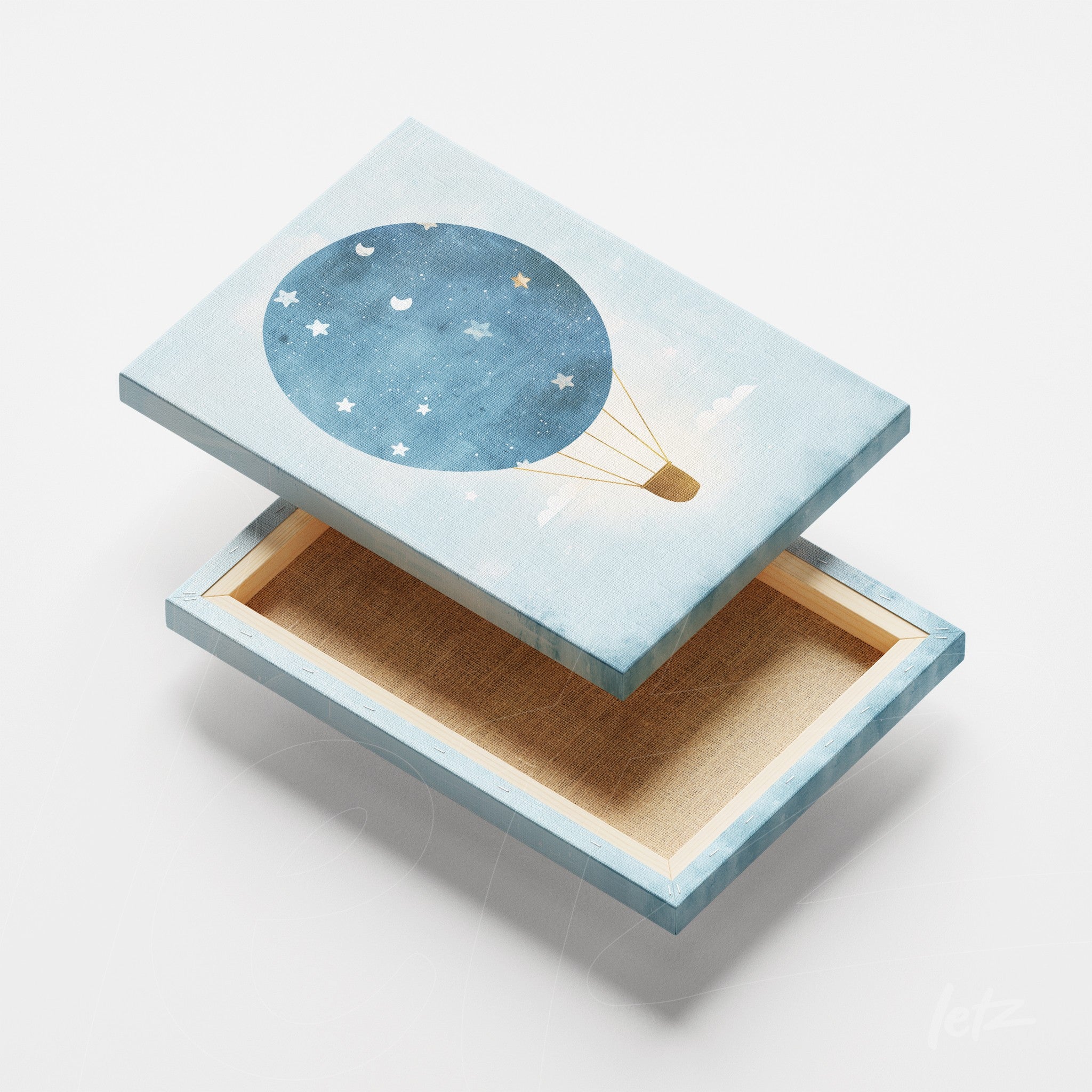 canvas artwork featuring a blue hot air balloon illustration on a light background