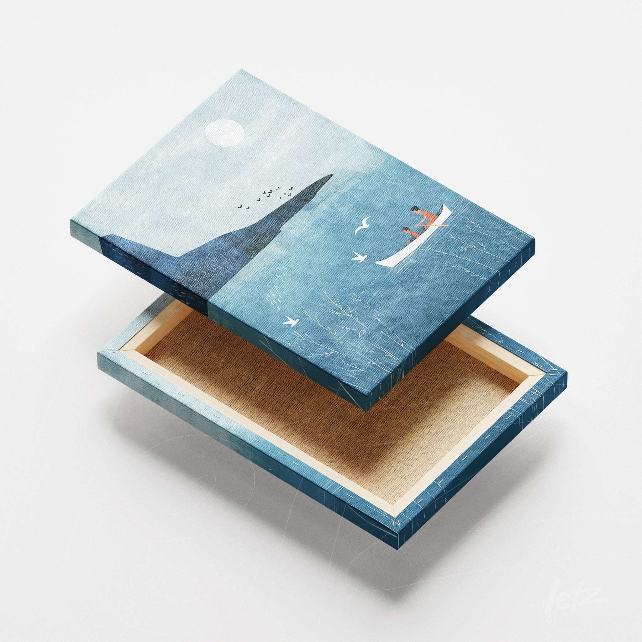 canvas print featuring a person in a boat on a lake with blue sky and mountain in the background